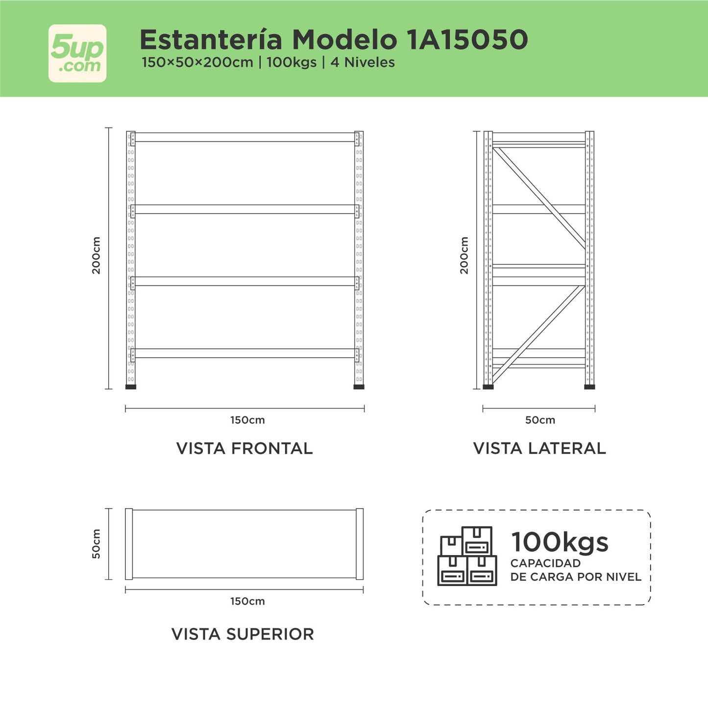 Estantes Metálicos de 4 niveles con Capacidad de 100kg por nivel.