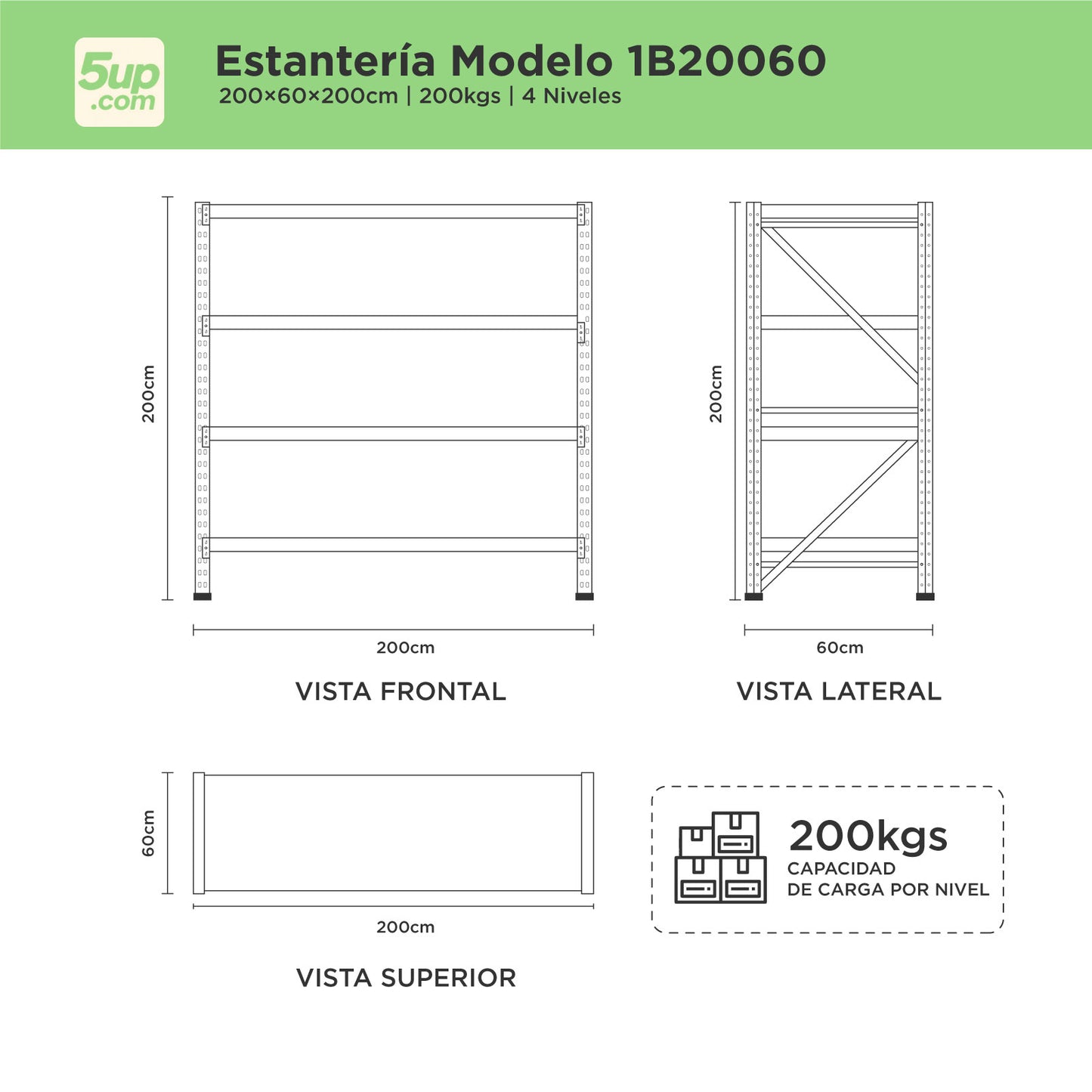Estantes Metálicos de 4 niveles con Capacidad de 200kg por nivel.