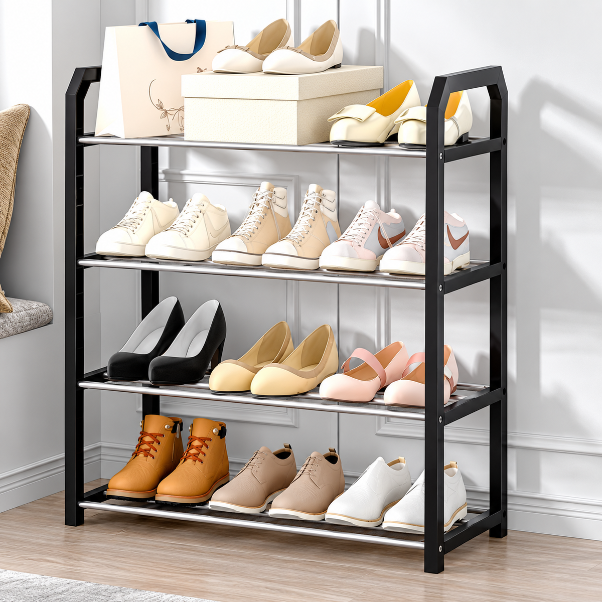 Zapatero negro de metal de 4 niveles de 58*19*58 cm
