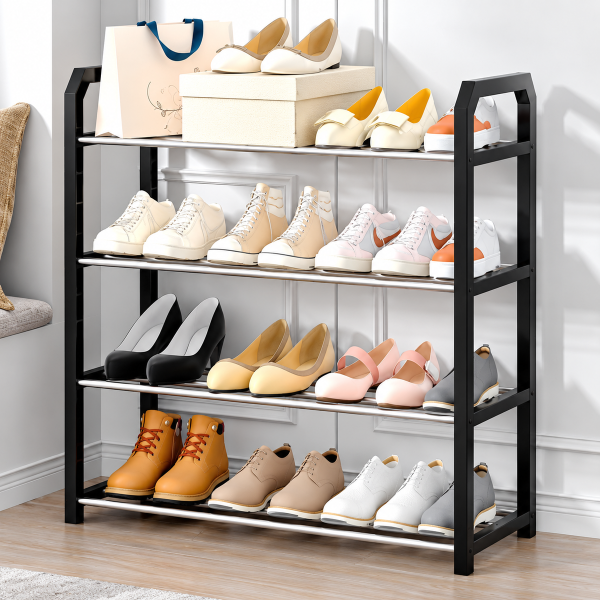 Zapatero negro de metal 4 niveles de 65*19*58 cm