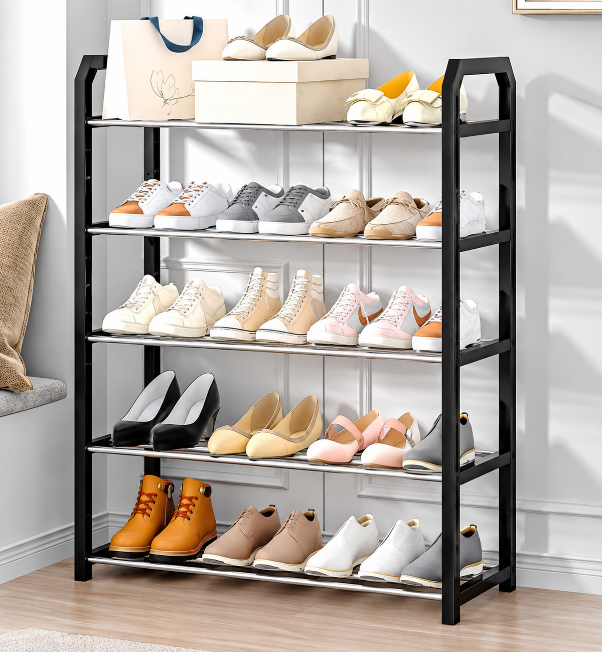 Zapatero negro de metal 5 niveles de 65*19*73 cm