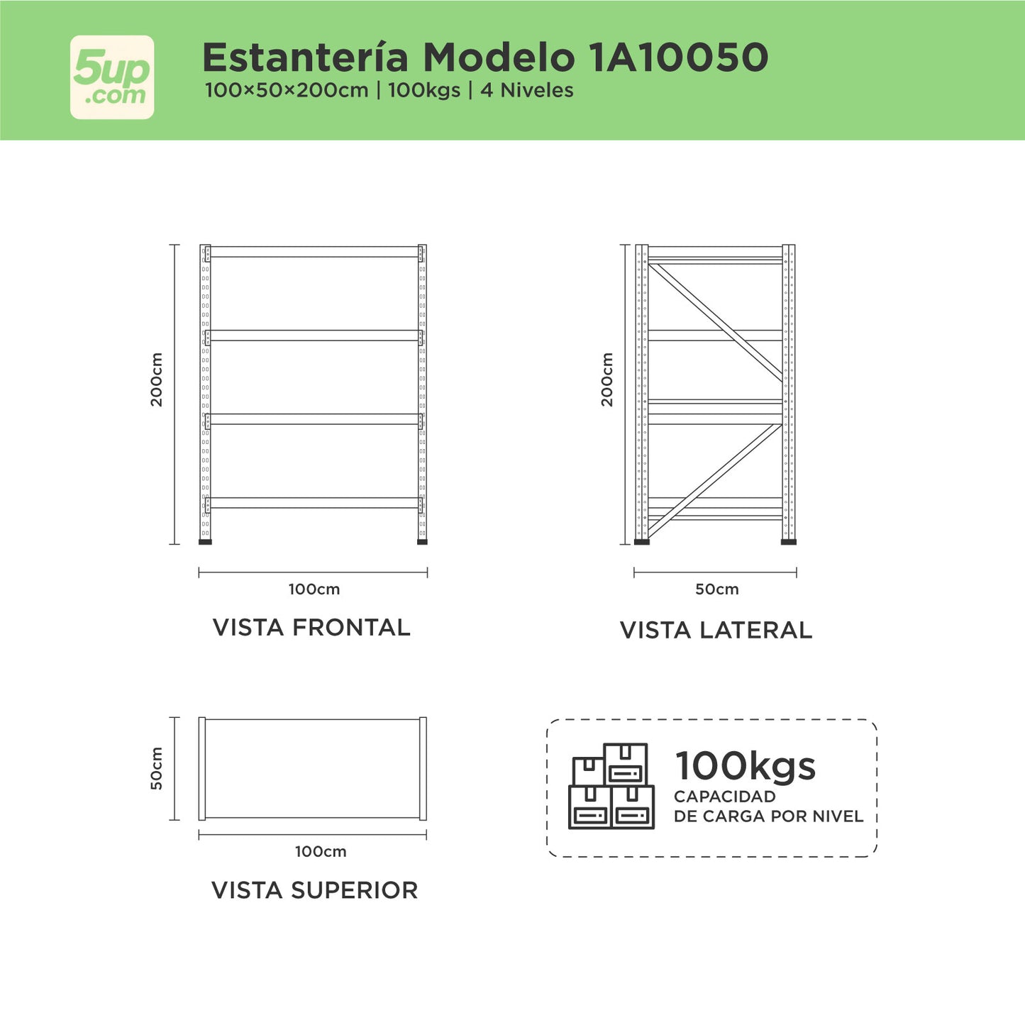 Estantes Metálicos de 4 niveles con Capacidad de 100kg por nivel.