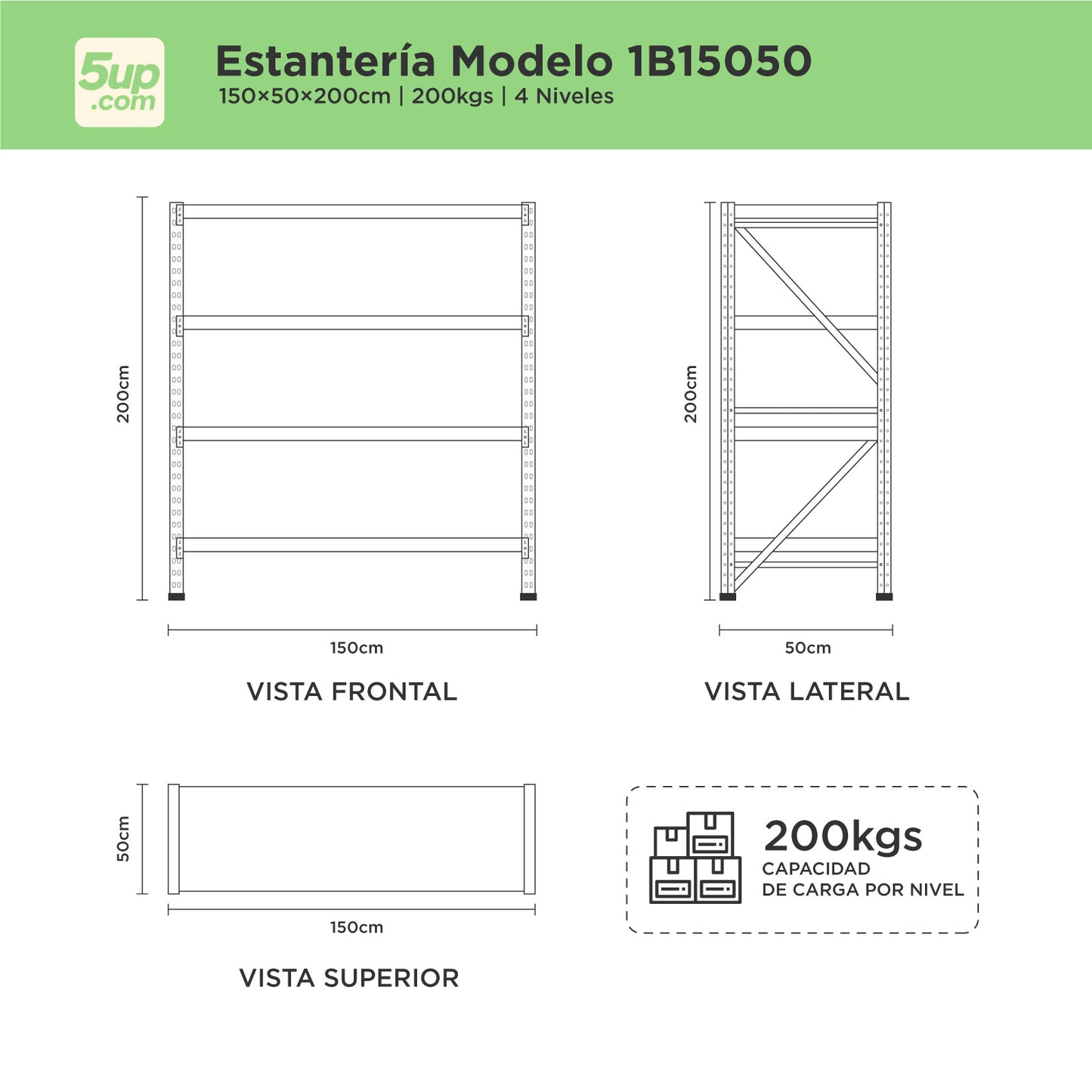 Estantes Metálicos de 4 niveles con Capacidad de 200kg por nivel.