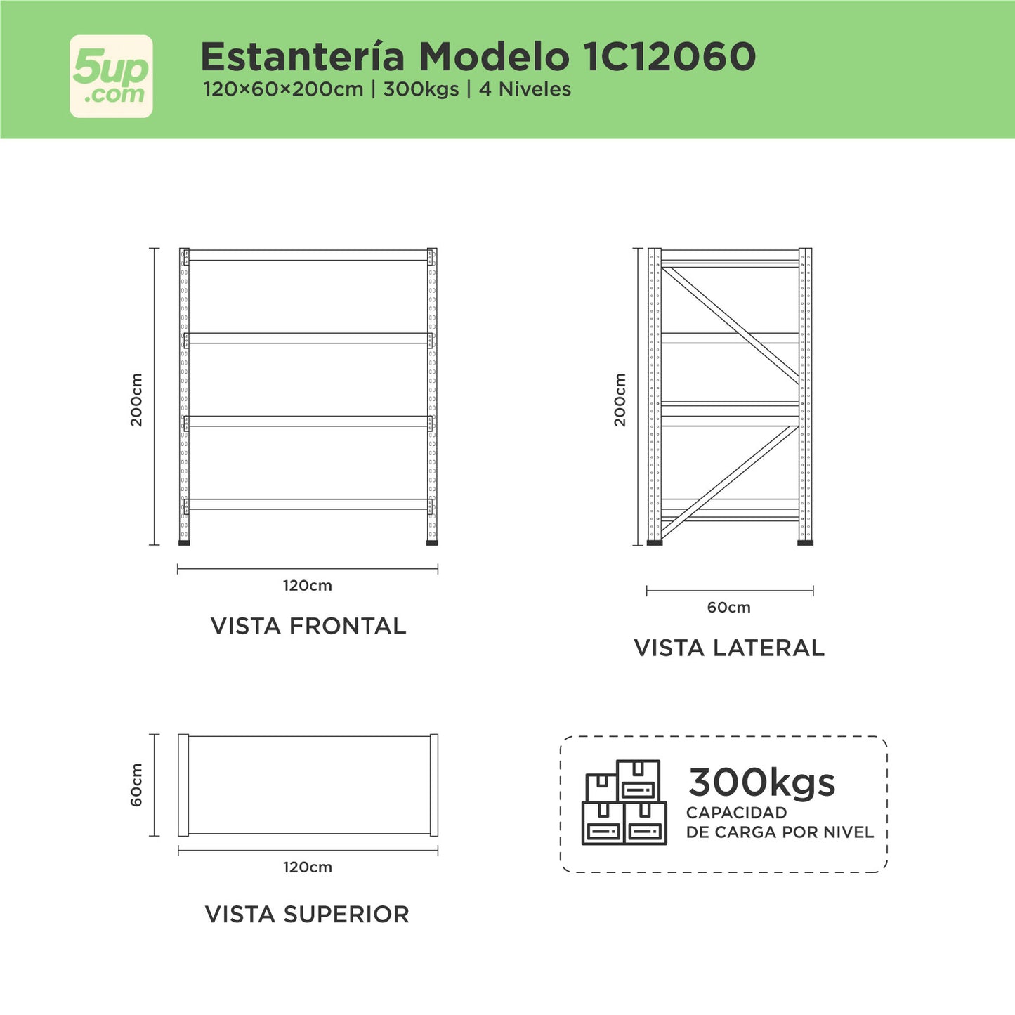 Estantes Metálicos de 4 niveles con Capacidad de 300kg por nivel.