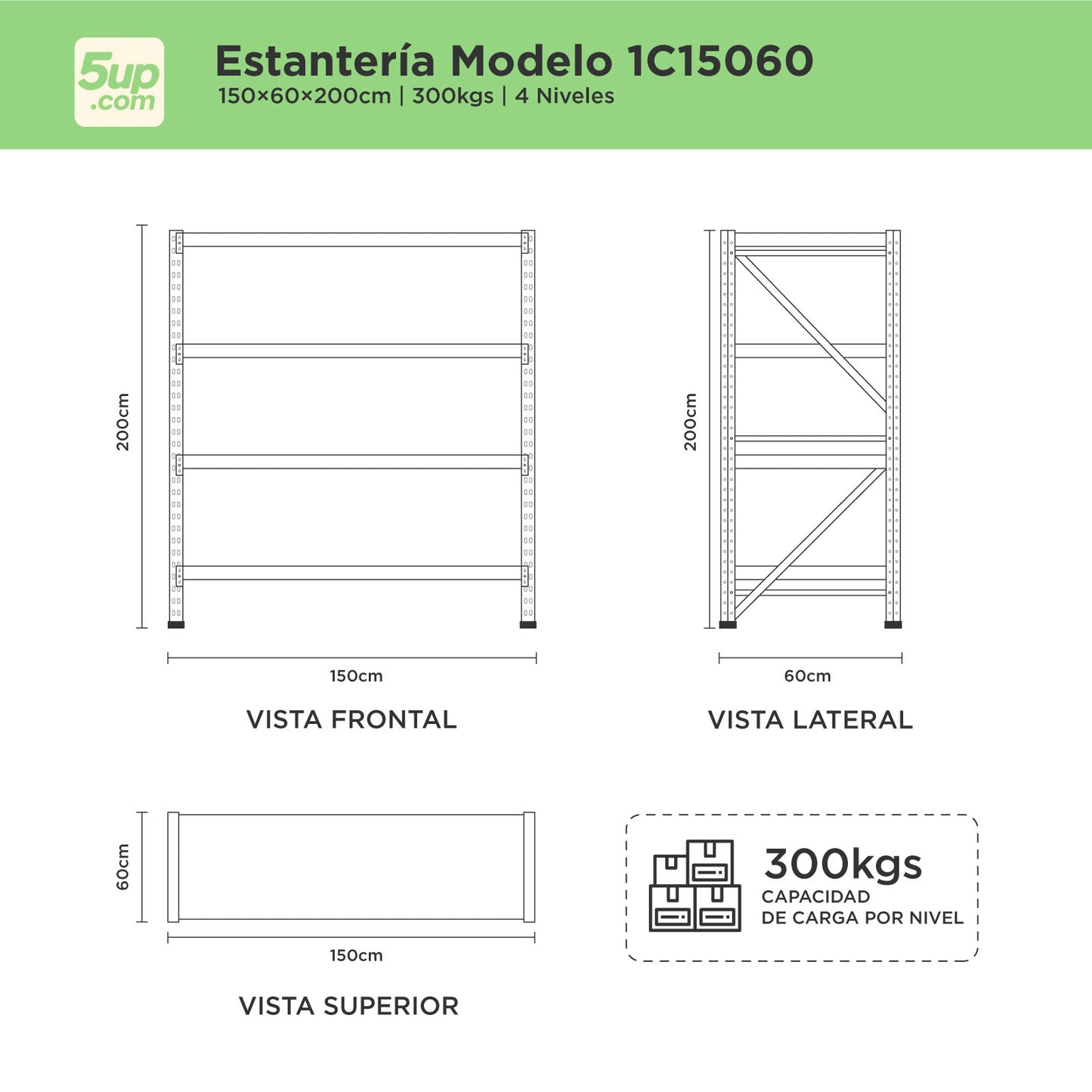 Estantes Metálicos de 4 niveles con Capacidad de 300kg por nivel.