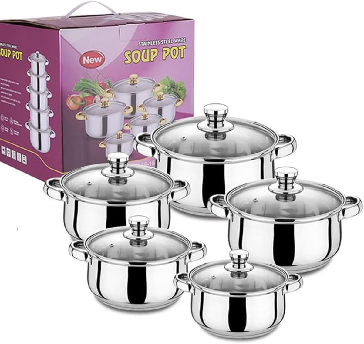 JUEGO DE OLLAS DE 10 PIEZAS EN ACERO INOXIDABLE