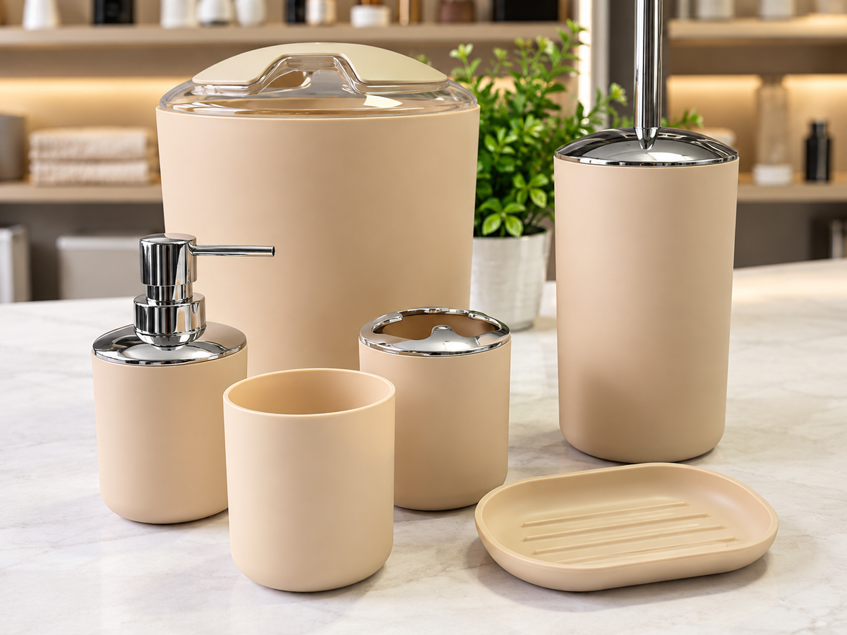 SET DE ACCESORIOS DE PLASTICO 6 PIEZAS PARA BAÑO COLOR NEGRO