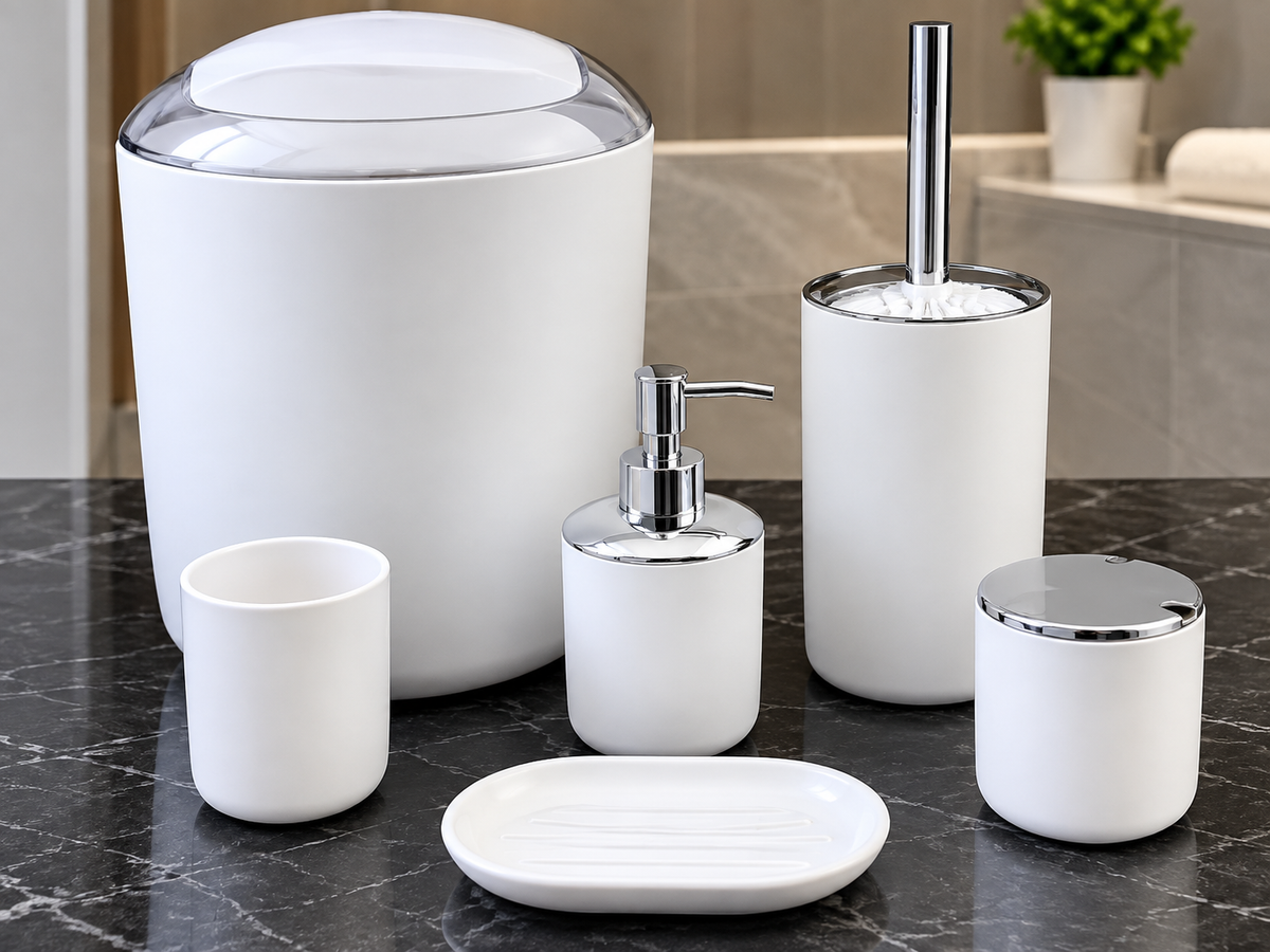SET DE ACCESORIOS DE PLASTICO 6 PIEZAS PARA BAÑO COLOR NEGRO