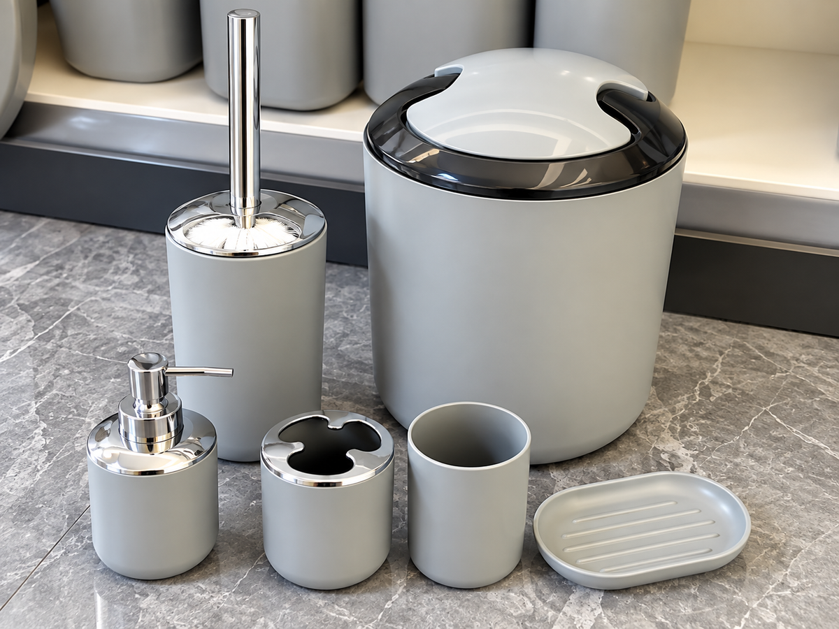 SET DE ACCESORIOS DE PLASTICO 6 PIEZAS PARA BAÑO COLOR NEGRO