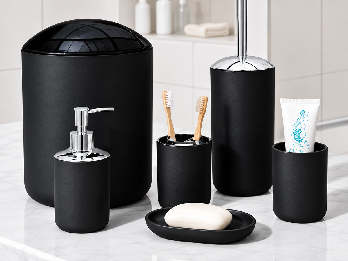 SET DE ACCESORIOS DE PLASTICO 6 PIEZAS PARA BAÑO COLOR NEGRO