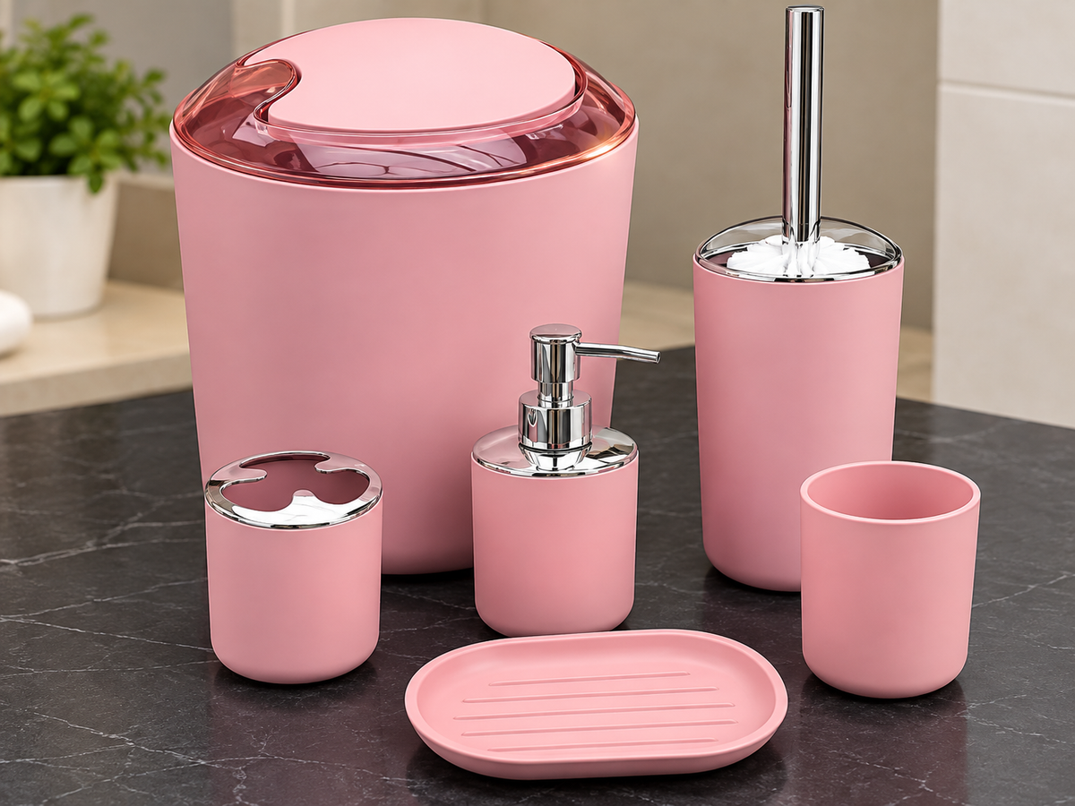 SET DE ACCESORIOS DE PLASTICO 6 PIEZAS PARA BAÑO COLOR NEGRO