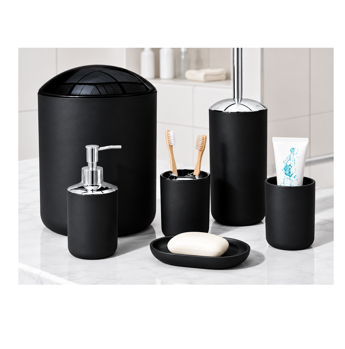 SET DE ACCESORIOS DE PLASTICO 6 PIEZAS PARA BAÑO COLOR NEGRO